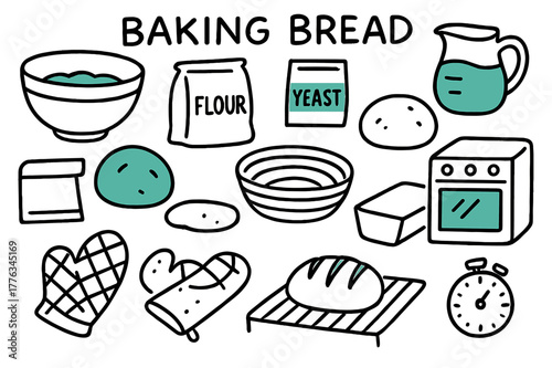Bread Baking Doodle. // Baking bread. Hand-drawn doodle illustration Baking bread [mixing bowl (accented), flour bag, yeast packet (accented), water jug, dough