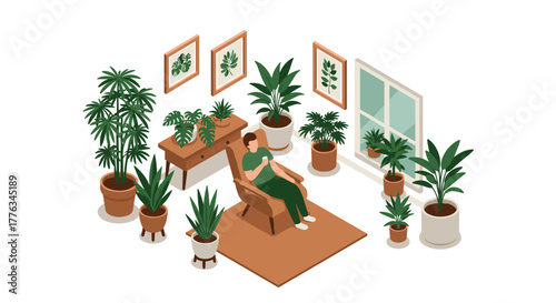 Cozy indoor garden room with potted plants and relaxation area
