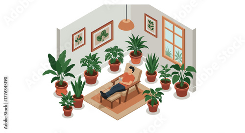 Cozy indoor garden with relaxing man in armchair surrounded by lush green plants in a modern room