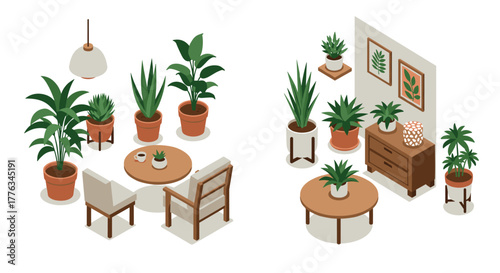 Cozy indoor plant arrangement in isometric style with furniture and decor elements