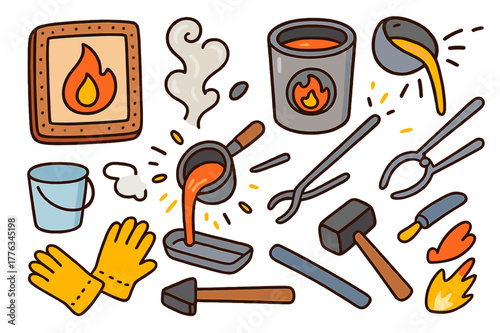 Metal Casting Icons. Metal casting. Colorful Hand-drawn doodle Children illustration Metal casting clay mold, molten metal, crucible, ladle, furnace, smoke,