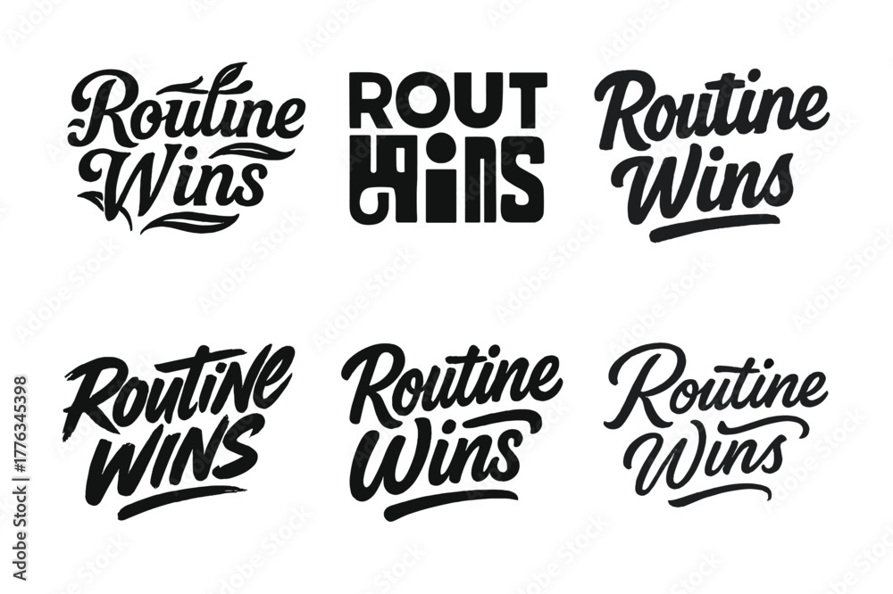 Fototapeta premium Creative Lettering Variations. Routine wins. Set lettering. harmonious lettering variations of the same emblematic concept, each with different artistic