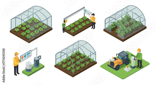Modern isometric greenhouse farming with agricultural technology and hydroponics