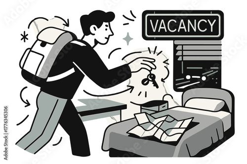 Neon Motel Vibes. Road trip motel. He tosses keys onto a pastel counter as a neon ?Vacancy? hums; a map unfolds like wings on the bed. Headlights draw parallel