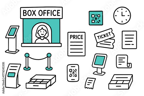 Doodle Ticket Booth. Box office & tickets. Hand-drawn doodle illustration box office and tickets ticket window (accented), cashier, queue stanchions