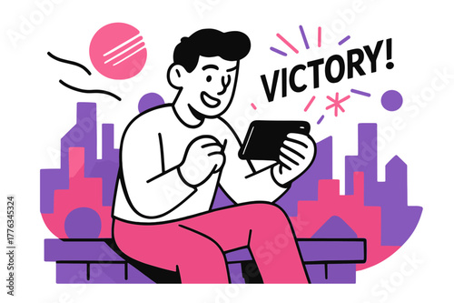 Rooftop Gaming Victory. Playing a mobile game on the go ? Sunny rooftop pause. Wind lines sweep; the character smiles at a clutch win, city shapes block out