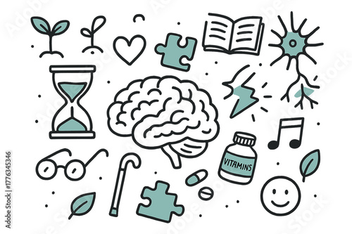 Brain Vitality Icons. Aging and brain vitality. Hand-drawn doodle illustration aging and brain vitality [brain (accented), hourglass (accented), plant sprout,