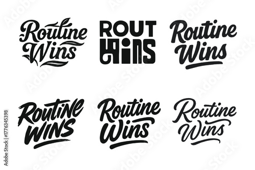 Creative Lettering Variations. Routine wins. Set lettering. harmonious lettering variations of the same emblematic concept, each with different artistic