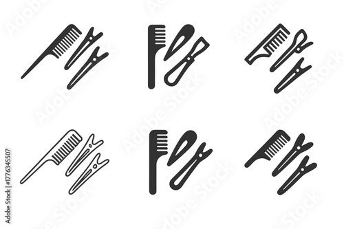Haircutting Tools Logo Set. Haircutting comb and clips. Set Logo of Haircutting comb and clips: Rat-tail parting comb. Icon set. harmonious logo variations of