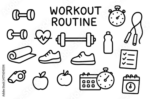 Workout Essentials Doodle. Workout routine. Hand-drawn doodle illustration workout routine dumbbells, barbell, stopwatch, mat, shoes, heartbeat, jump rope,