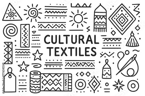 Tribal Textile Icons. Cultural textiles. Hand-drawn doodle illustration cultural textiles tribal patterns, zigzag, dots, spirals, fabric roll, geometric