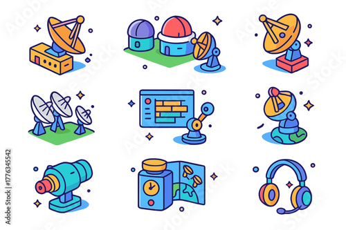 Deep Space Icons. Deep Space Network. Colorful isometric vector icons set of Deep Space Network: Goldstone antenna, Madrid complex, Canberra complex, 70m dish,