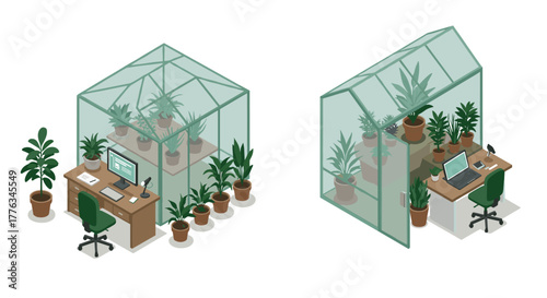Isometric home office in greenhouse with indoor plants and modern workspace design