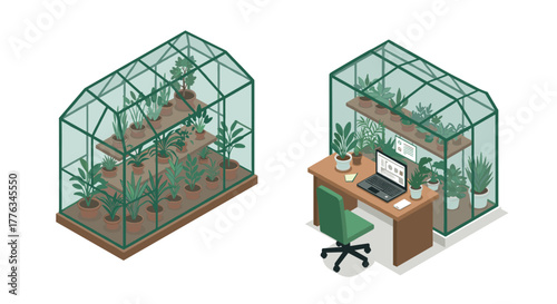 Isometric greenhouse and home office with plants and workspace setup