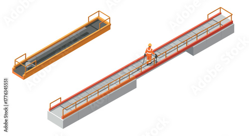 Isometric industrial conveyor bridge with worker in safety gear