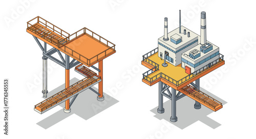 Isometric offshore platform designs with pipe structures and industrial details