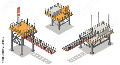 Isometric offshore oil platforms with industrial structures