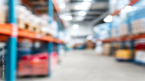 Wallpaper Mural Blurred warehouse interior showing an aisle between high storage racks with various goods and pallets, creating a background suitable for concepts of logistics, distribution, and supply chain Torontodigital.ca
