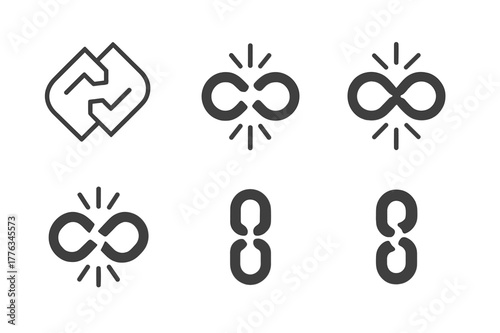 Diverse Chain Logos. Supply chain loss. Set Logo of Supply chain loss: severed link in chain. harmonious logo variations of the same emblematic concept, each