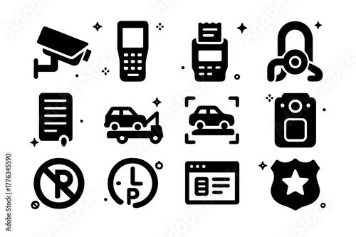 Smart Parking Tools Icons. Smart parking enforcement. Solid icons set of Smart parking enforcement: ANPR camera, handheld device, ticket printer, boot clamp,