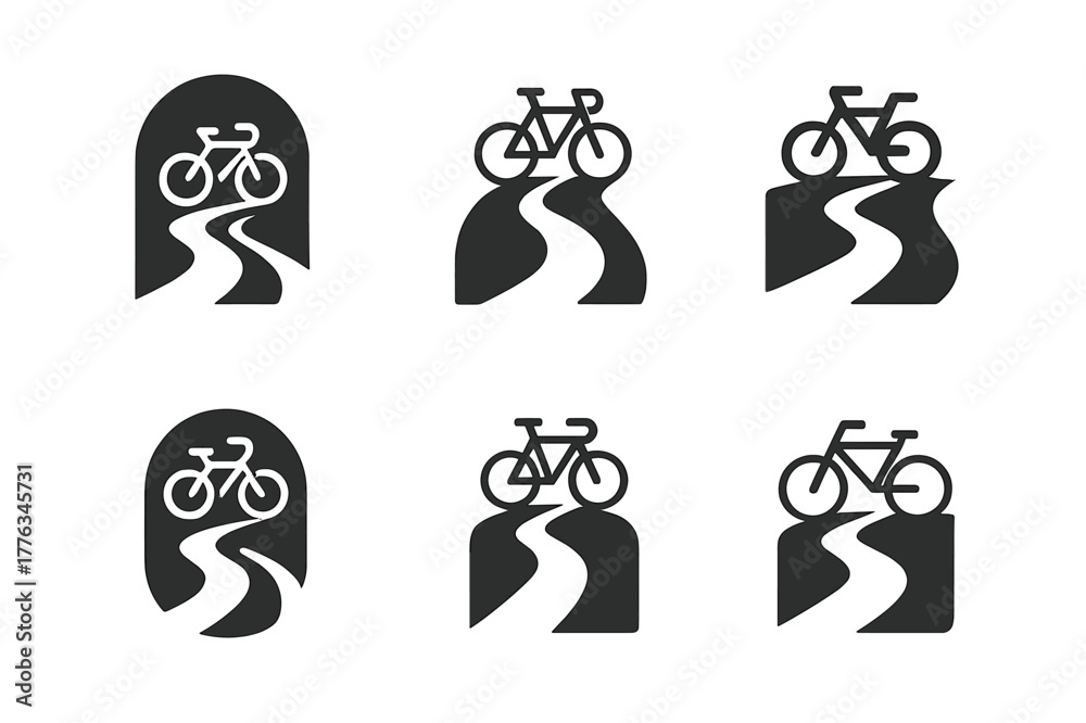 Obraz premium Rural Cycling Logos. Rural cycling path. Set Logo of Rural cycling path: bicycle on country lane. harmonious logo variations of the same emblematic concept,