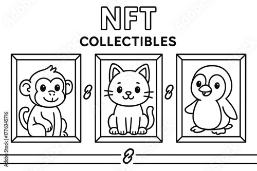 Cute Animal Frames. NFT collectibles gallery children?s coloring book illustration, outlined drawing, three cute framed cards on a simple wall showing friendly