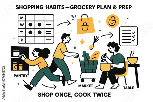 Efficient Grocery Planning. Shopping Habits ? Grocery Plan & Prep. A minimal meal grid links to a weekly list; arrows flow from pantry > market > table.