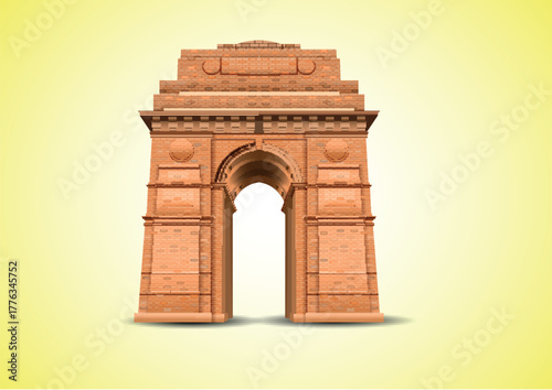 India Gate Icon Pixel Style: Historical Landmark Arch Monument in New Delhi, Famous Tourist Attraction with Gradient Background, Minimalist Vector