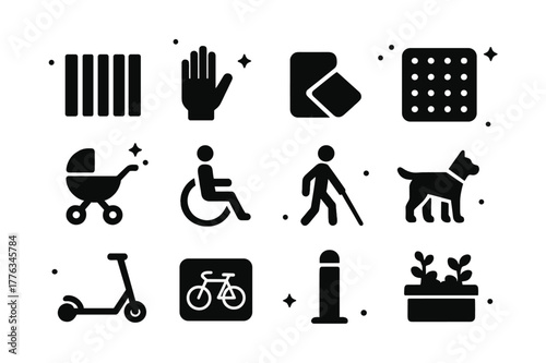 Pedestrian Icon Grid. Pedestrian crosswalk and sidewalks. Solid icons set of Pedestrian crosswalk and sidewalks: zebra crosswalk, walk signal hand, curb ramp,