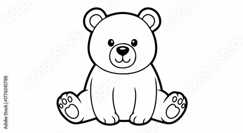 Coloring book page of a cute bear with its round fluffy form on white background. Coloring book outlines show cartoon animal and its simple, appealing design.
