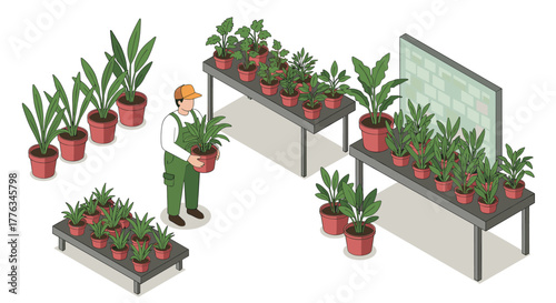 Isometric plant nursery with gardener holding potted plant surrounded by various greenhouse plants