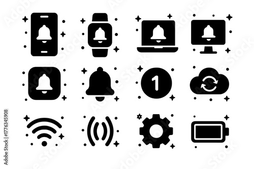 Digital Reminder Icons. Digital Reminders. Solid icons set of Digital Reminders: smartphone, smartwatch, laptop, desktop notification, app icon, push bell,