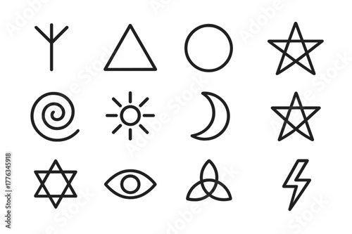 Esoteric Icons Grid. Esoteric signs. Line icon set of esoteric signs: elder futhark rune, triangle symbol, circle symbol, pentagram, spiral, sun symbol, moon