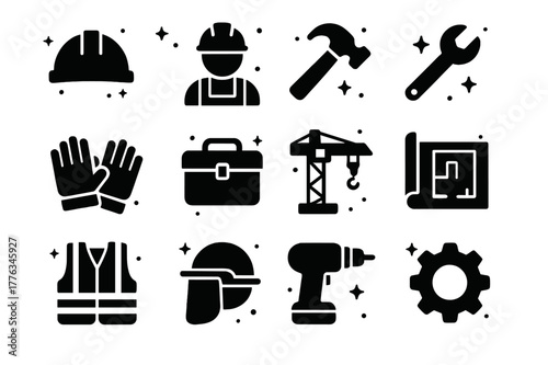 Industrial Icons Grid. Industrial Labor. Solid icons set of Industrial Labor: hard hat, construction worker, hammer, wrench, gloves, toolbox, crane, blueprint,