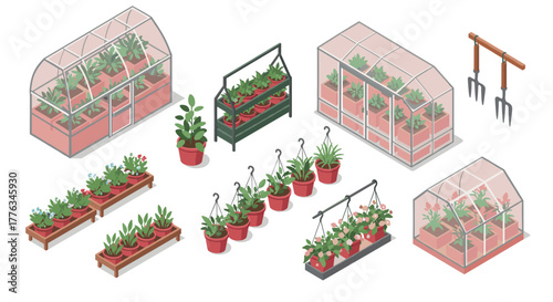 Isometric greenhouse and garden plants collection with gardening tools