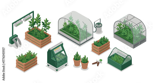 Isometric greenhouse and gardening elements with various plant containers and tools