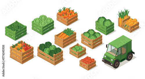 Isometric farm truck and wooden crates with fresh vegetables