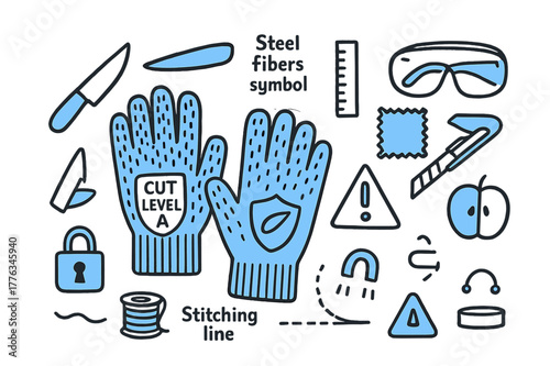 Cut-Resistant Gloves Illustration. // Cut-resistant gloves. Hand-drawn doodle illustration cut-resistant gloves [glove pair with knit texture (accented), knife