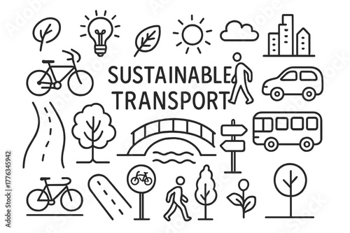 Sustainable Transport Doodles. Sustainable transport. Hand-drawn doodle illustration bike, bridge, river, road, car, bus, walking person, city skyline, leaf,