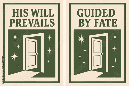 Destiny Banners Design. Destiny. Two vertical A6 banners with safe margins, centered composition, no elements touching edges, retro, olive green and cream,