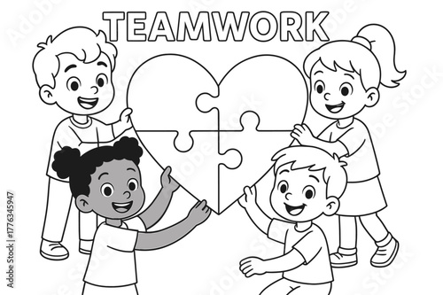 Teamwork Heart Puzzle. Teamwork puzzle children?s coloring book illustration, outlined drawing, cheerful kids each holding one puzzle piece and joining them to