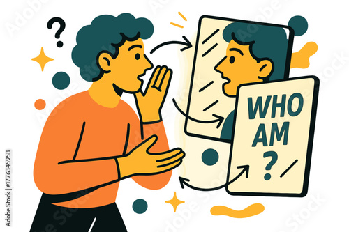 Mirror Whisper Reflection. Conceptual Portrait ? Mirror Dialogue. A subject faces two offset mirrors; reflections tilt and whisper ?who am I??. Thin arrows