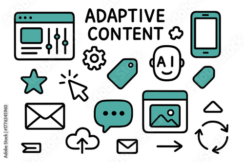 Adaptive Content Doodle. // Adaptive content. Hand-drawn doodle illustration Adaptive content [browser window (accented), sliders (accented), gear, AI face,