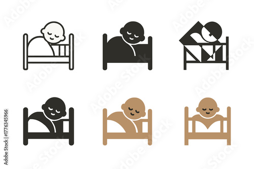 Baby Crib Logos. Baby in crib. Set Logo of Baby in crib: sleeping infant under blanket. harmonious logo variations of the same emblematic concept, each with