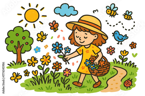 Children Picking Wildflowers. picking wildflowers. Colorful Hand-drawn doodle Children illustration picking wildflowers girl, basket, flowers, grass, sun,
