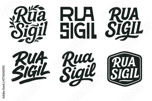 Diverse Lettering Designs. Rua Sigil. Set lettering. harmonious lettering variations of the same emblematic concept, each with different artistic