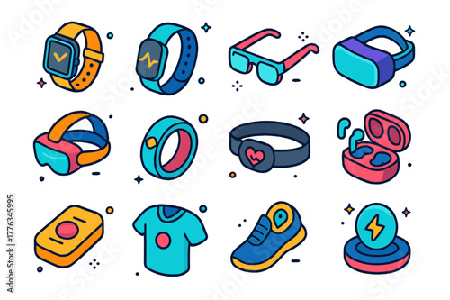 Colorful Wearable Icons. Wearables. Colorful isometric vector icons set of Wearables: smartwatch, fitness tracker band, smart glasses, VR headset, AR headset,