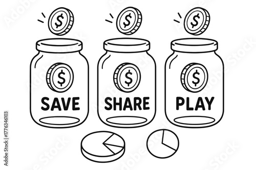 Tokenomics Coloring Fun. Tokenomics for kids children?s coloring book illustration, outlined drawing, three jars labeled ?Save,? ?Share,? and ?Play? with coin