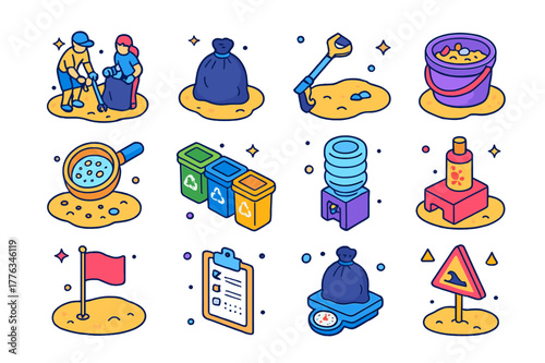 Beach Cleanup Icons. Beach cleanup. Colorful isometric vector icons set of beach cleanup: volunteers, trash bags, litter grabber tongs, buckets, microplastic