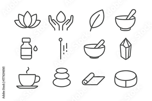 Alternative Therapy Icons. Alternative therapy. Line icon set of alternative therapy: lotus, caring hands, leaf, mortar and pestle, essential oil bottle,